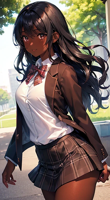 ((desktop, best quality, high quality, art, high resolution, nffsw, detailed, pixel perfect, perfect, detailed, absurd graphic, ultra 8K HD, nffsw, nffsw))), 1 dark skinned woman, beautiful black girl, single, alone, beauty、full body seen、((medium wavy hair, bangs, bright olive skin, black hair, dark skin)), ((brown eyes, beautiful eyelashes, olive skin, realistic eyes)), ((detailed face , blush: 1.2)), ((soft texture: 0.75, realistic texture: 0.65, photorealistic: 1.1, CG anime style)), medium breasts, dynamic angle, beautiful and perfect body, (( red bow tie, school uniform, black jacket , open jacket, brown cardigan, white shirt, black skirt, plaid skirts)), in a park with trees and flowers、Looking at the viewer、Very embarrassing panic smile,wallpaper, I turned around、leaning forward、(The wind blew my skirt and exposed my butt. ........ . .. .. ... ..、Touch the buttocks with both hands、White panties) 、