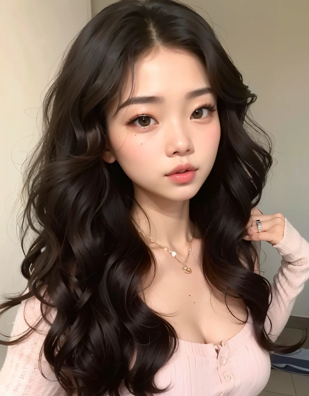 um close up de uma mulher com cabelos longos vestindo uma camisa rosa, Ulzzang, jennie blackpink, young lovely korean face, Menina coreana, adorable and pale korean face, linda jovem coreana, linda mulher sul-coreana, beautiful asian girl, maquiagem sul-coreana popular, linda jovem coreana, Korean facial features, asian features, maquiagem coreana popular, rosto muito bonito