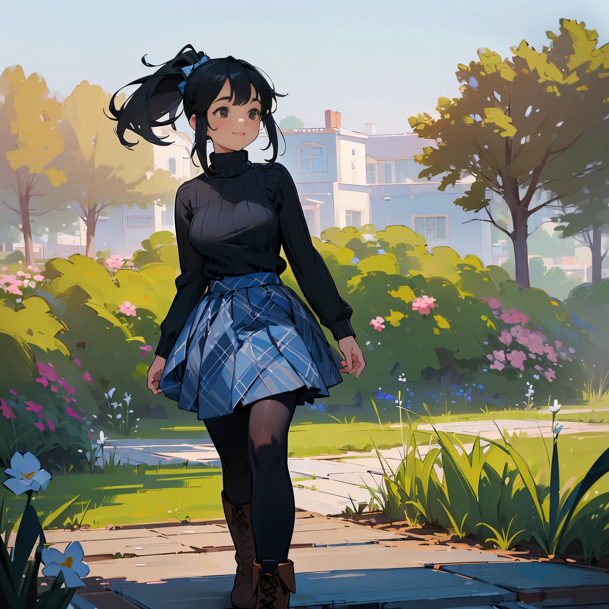 (high quality, high resolution, Super detailed, Reality:1.37), peaceful atmosphere, (outdoor, garden), age girl standing alone, (My breasts are big.), Beautiful detailed features, cute smile, (black hair ponytail), ribbed sweater, blue plaid skirt, Black tights, brown boots.