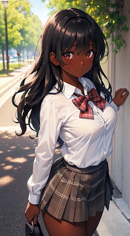 ((desktop, best quality, high quality, artwork, high resolution, nffsw, detailed,pixel perfect, perfect, detailed,absurd graphic, ultra 8K HD, nffsw, nffsw))), 1 dark-skinned woman, single, alone, beauty、full body seen 、 ((medium wavy hair, bangs, bright brown skin, black hair, dark skin)), ((brown eyes, beautiful eyelashes, olive skin, realistic eyes)), ((detailed face, blush: 1,2)), ((soft texture: 0.75, realistic texture: 0.65, photorealistic: 1.1, CG anime style)), medium breasts, dynamic angle, beautiful,perfect body, ((red bow tie, school uniform, black jacket, jacket open, brown cardigan, white shirt, black skirt, plaid skirts)), City staircase、Looking up the stairs from below、Very embarrassing panic smile,wallpaper, I turned around、leaning forward、(The wind blew my skirt and exposed my ass. ........ . .. .. ... ..、Touch the buttocks with both hands、White panties)、