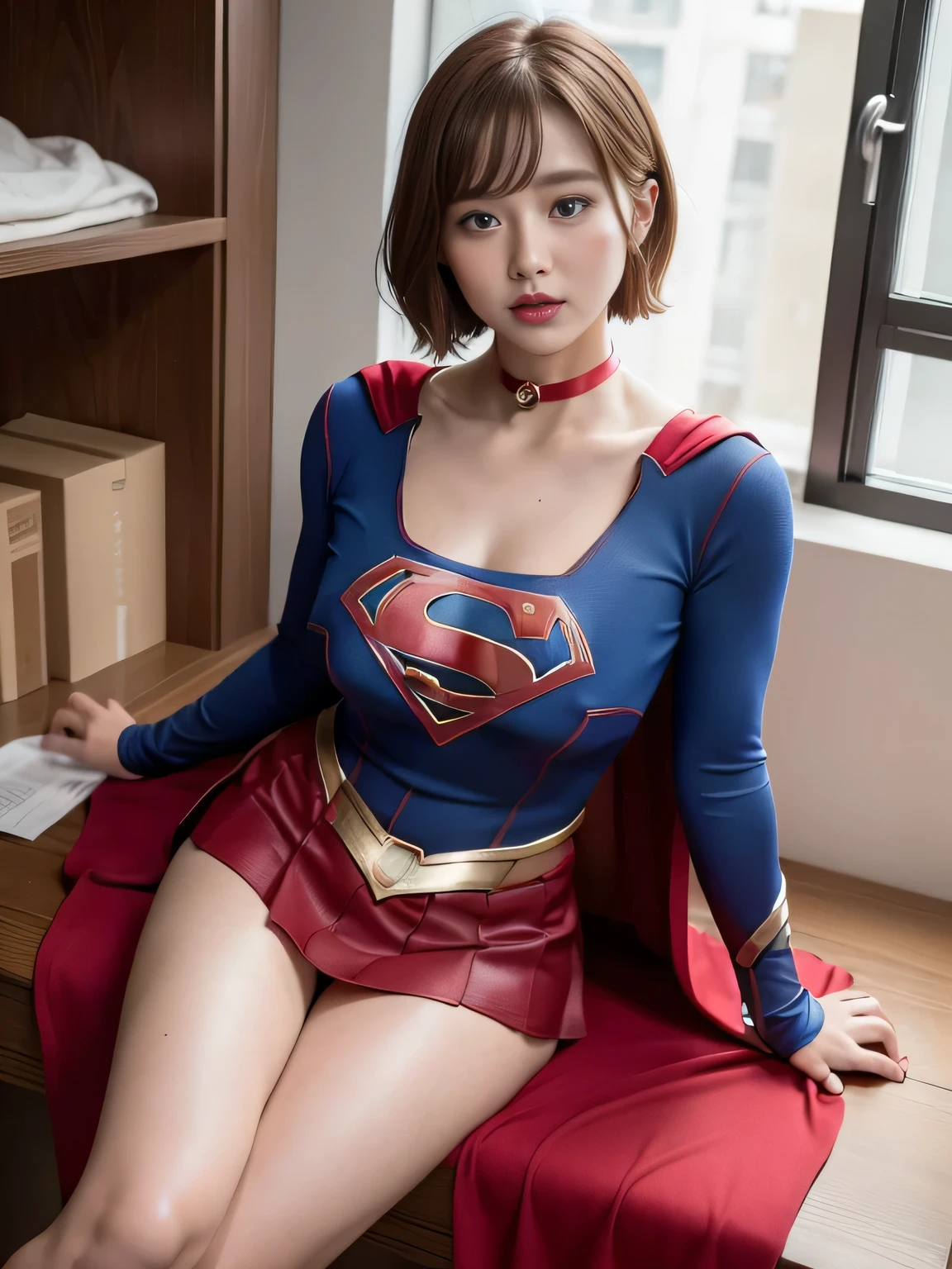 masterpiece、supergirl costume、short hair、barefoot、big and full breasts、Research room、operating table、straddle、Tattered、shiny、look at the camera、Seduce、choker、red mini skirt、long sleeve、Cowgirl