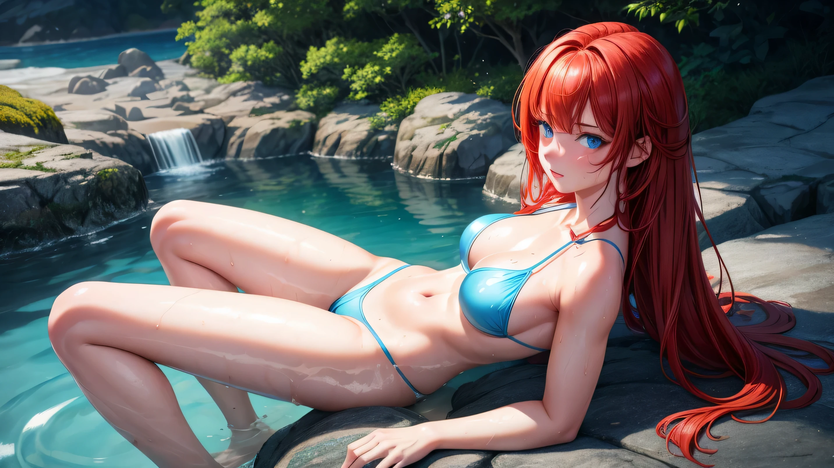 realista, 1 garota, cabelo vermelho, olhos azuis, olhos brilhantes, pele brilhante, suado, bikini, in a rock pool with hot water, tree background, na noite, 8k, complete in high definition , cinematographic