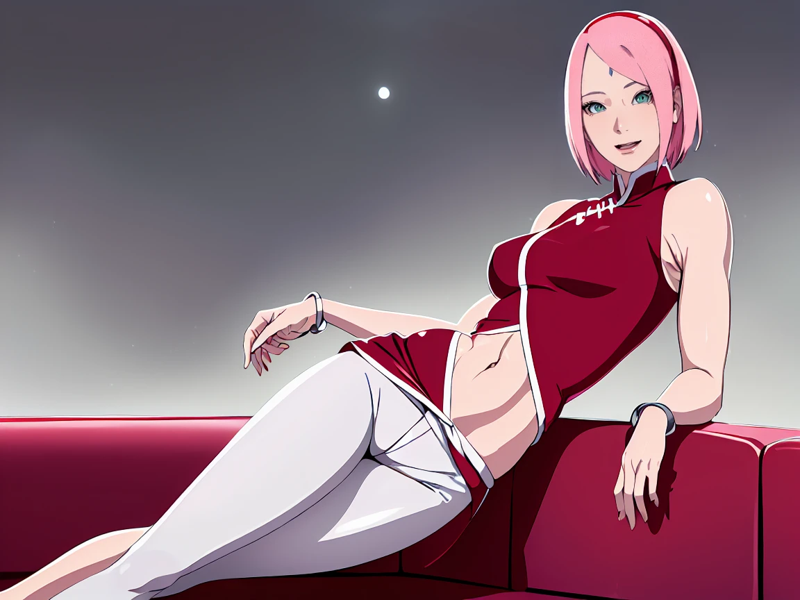 masterpiece, 4k, portrait, cowboy shot, (night, moon background), professional artwork, intricate details, colorful, digital blending, (ultra detailed body, ultra detail hair, ultra detail face), trending on pixiv, kind smile, best quality, anime style: 1.9, 1girl, hires, haruno sakura, (forehead mark, milf, red hairband, pale skin, (small breasts), short hair, ((red sleeveless dress,), white pants), ((navel, belly button), slender body, slender belly, bracelet, pink hair, (open mouth), big eyes), smile, beach, wind, floating hair, detailed arms, off-shoulders, broad shoulders, (little muscular arms, little strong biceps), fancy couch, relaxing, (armpit leaning against couch, laying, talking, looking at the viewer, (talking , milf, 30 years old woman, hand supporting head)) ,bikini