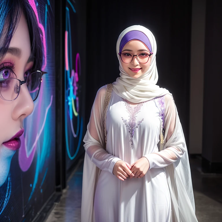 photography, young woman with smile face, long pastel white hijab with purple baju kurung, wide-frame glasses, background digital art graffiti on black wall, ultra details any aspect of drawing, UHD 8K