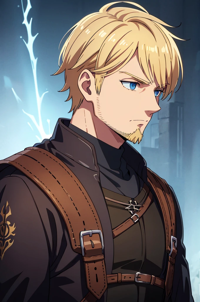 male, blonde hair, blue eyes, short hair, messy hair with beard, wizard, leather strap suit, 25 years old, young adult, dark brown clothes, no_cape, medieval background, athletic body, worried expression, close up on face