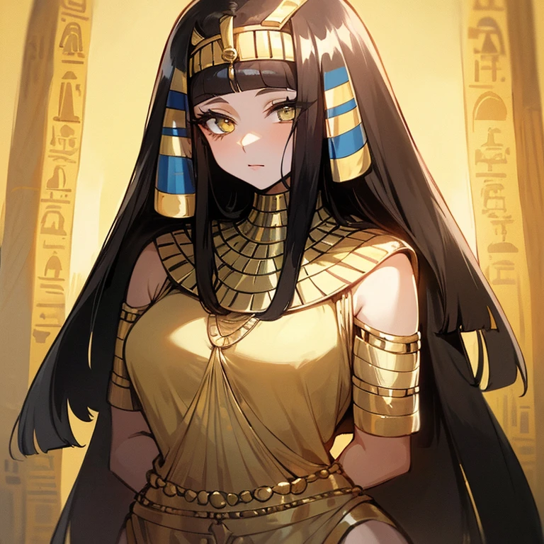 (((Alone))),(((Mature Woman))),(Body with medium curves),(((Amber eyes))),(((Long black hair with bangs))),(((Wearing Egyptian clothes))),((( wearing gold accessories)))
