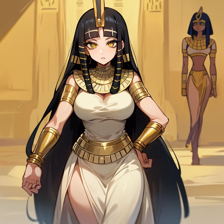(((Alone))),(((Mature Woman))),(Body with medium curves),(((Amber eyes))),(((Long black hair with bangs))),(((Wearing Egyptian clothes))),((( wearing gold accessories)))