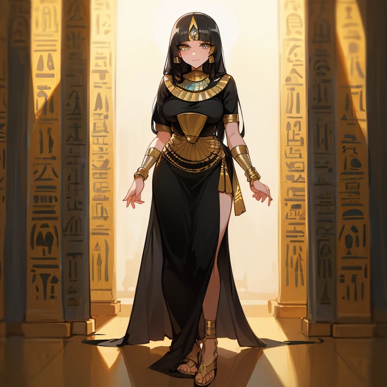 (((Alone))),(((Mature Woman))),(Body with medium curves),(((Amber eyes))),(((Long black hair with bangs))),(((Wearing Egyptian clothes))),((( wearing gold accessories)))