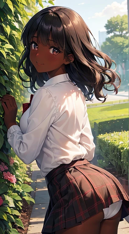 ((desktop, best quality, high quality, art, high resolution, nffsw, detailed, pixel perfect, perfect, detailed, absurd, ultra 8K HD, nffsw, nffsw))), 1 dark skinned woman, beautiful black girl, single, alone, beauty、full body seen、((medium wavy hair, bangs, bright olive skin, black hair, dark skin)), ((brown eyes, beautiful eyelashes, olive skin, realistic eyes)), ((detailed face , blush: 1.2)), ((soft texture: 0.75, realistic texture: 0.65, photorealistic: 1.1, CG anime style)), medium breasts, dynamic angle, beautiful and perfect body, (( red bow tie, school uniform, black jacket , open jacket, brown cardigan, white shirt, black skirt, plaid skirts)), in a park with trees and flowers、Looking at the viewer、Very embarrassing panic smile,wallpaper, I turned around、leaning forward、(The wind blew my skirt and exposed my butt. ........ . .. .. ... ..、Touch the buttocks with both hands、White panties) 、