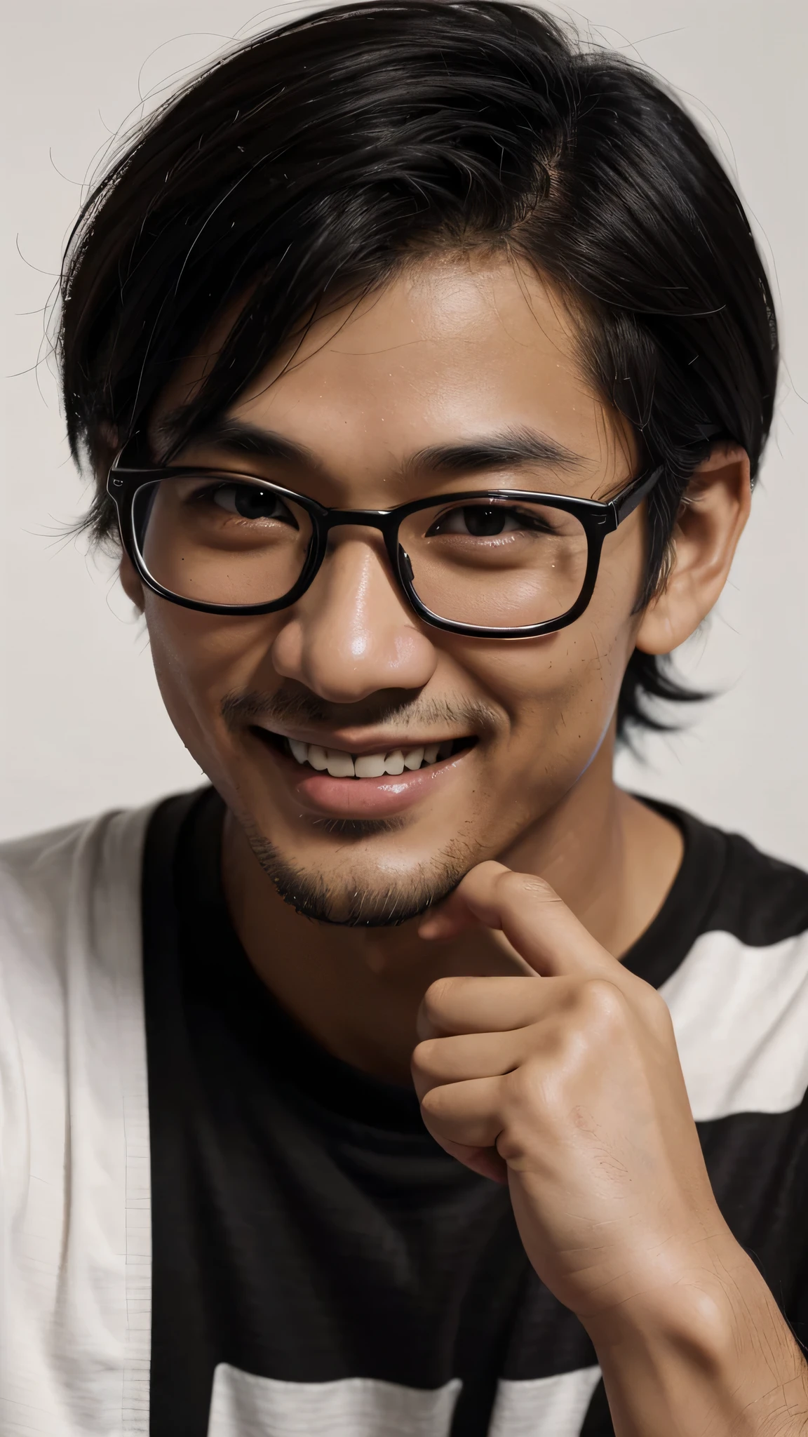 最high quality、best image quality、masterpiece、one man((Japanese、30 generations、 brown skin、shortcut、black hair、smile、black t-shirt、Geek style、black eye)),high quality、beautiful art、background((white room)),Depth of written boundary、movie、visual art、perfect art、8K,genuine