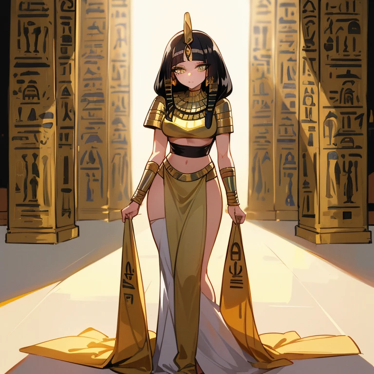 (((Alone))),(((Mature Woman))),(Body with medium curves),(((Amber eyes))),(((Long black hair with bangs))),(((Wearing Egyptian clothes))),((( wearing gold accessories)))