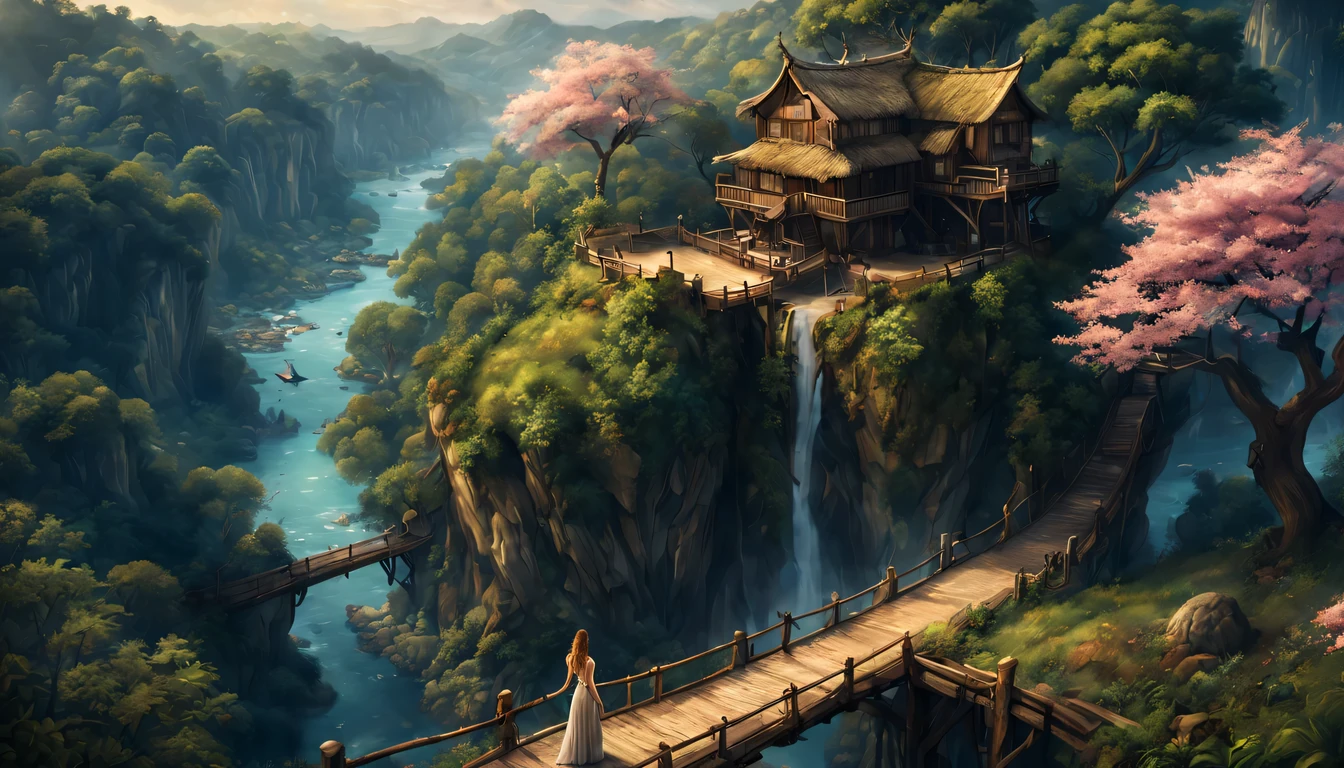 premiado, arte conceitual, belas artes, epic fantasy digital art, bird view,cinematic lighting, Vista descendente,plano super amplo,Viewing angle from afar,profundidade de campos,beautiful young lady (Claire Forlan ), (27 anos), ((((corpo inteiro)))), (((usando vestido longo Amarelo claro)), The beauty of an idyllic country fairy tale,((cachoeira)),Pitoresca, Pitoresco, Rustic, ((Campo de arroz;1.7)), ((Peach blossom tree)), ((Pequenos rios:1.4)), ((The tree house is connected to the tree house by a wooden bridge)), epic,