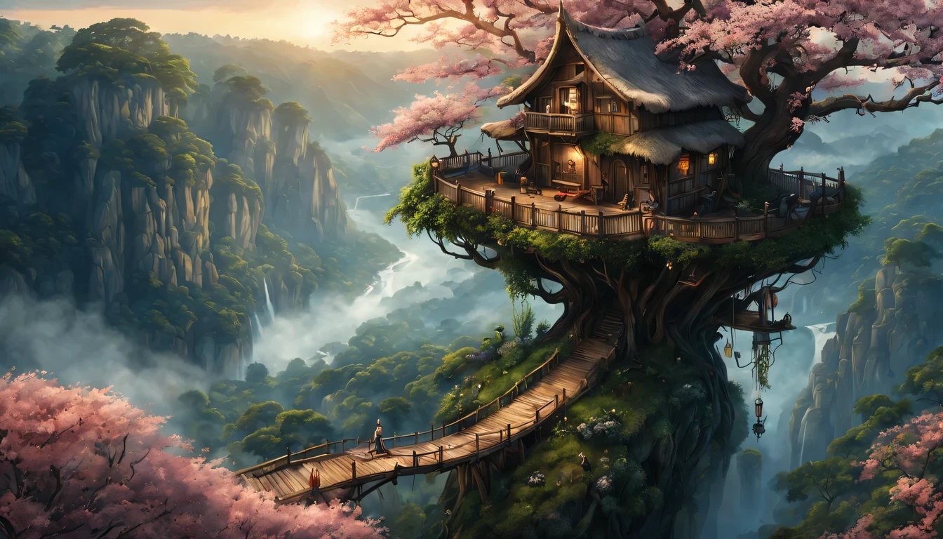 premiado, arte conceitual, belas artes, epic fantasy digital art, bird view,cinematic lighting, Vista descendente,plano super amplo,Viewing angle from afar,profundidade de campos,beautiful young lady (Claire Forlan ), (27 anos), ((((corpo inteiro)))), (((usando vestido longo Amarelo claro)), The beauty of an idyllic country fairy tale,((cachoeira)),Pitoresca, Pitoresco, Rustic, ((Campo de arroz;1.7)), ((Peach blossom tree)), ((Pequenos rios:1.4)), ((The tree house is connected to the tree house by a wooden bridge)), epic,