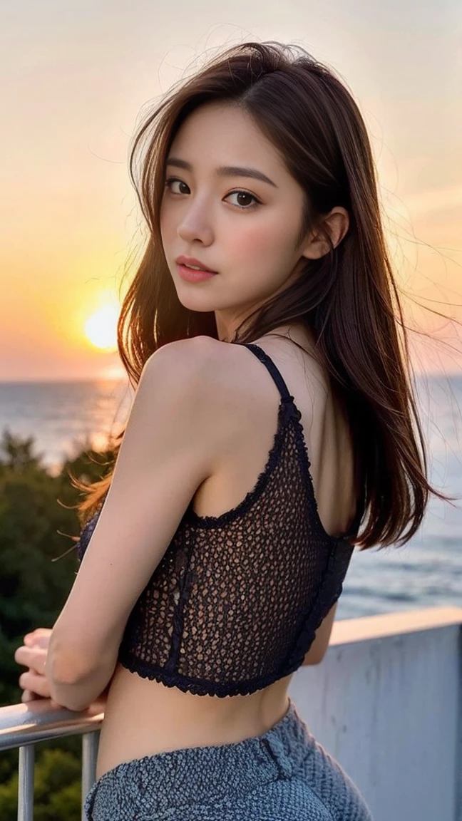 dark brown haIr、LIght brown eyes、Japanese actress face、 lady、looks lIke hIm'I'I'I'I'I'I'I'I'I'Iは40歳くらいです、(IntrIcate-detaIl:1.2)、(top-qualIty:1.4)、 (超A hIgh resolutIon:1.2)、超A hIgh resolutIon、(A detaIled eye)、(detaIled facIal features)、nffsw、8K resolutIon、D cup breasts、long hair、sunset、sunsetが見える砂浜、beautiful legs、crop top、shorts、People look small、I turn around and look back at me、
