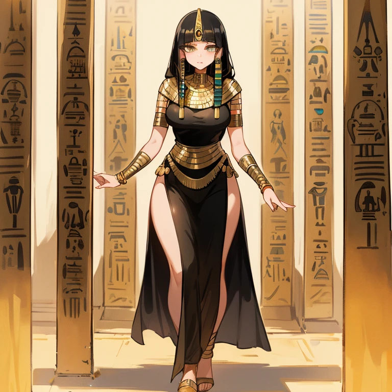(((Alone))),(((Mature Woman))),(Body with medium curves),(((Amber eyes))),(((Long black hair with bangs))),(((Wearing Egyptian clothes))),((( wearing gold accessories)))