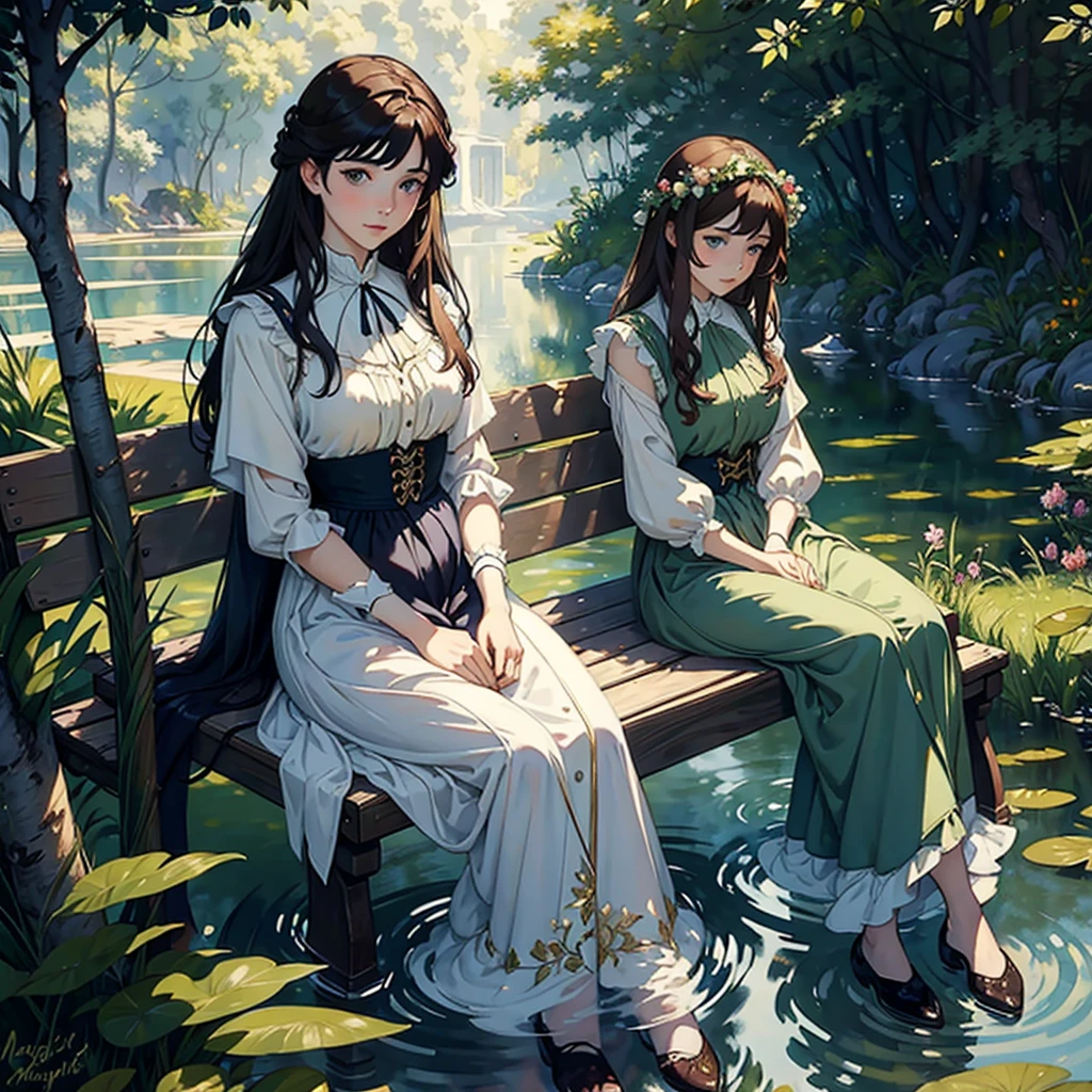 ((Watercolor by Sargent))、(highest quality、masterpiece)、soft light、There are two women sitting on a bench near a body of water, magali villeneuve and monet, pre - raphaelites style, pre - raphaelite beautiful, pre-raphaelite oil painting, pre-raphaelite style, pre - raphaelite style, inspired by Edmund Leighton, Pre-Raphaelite paintings, Pre-Raphaelite stone painting, preraphaelite style