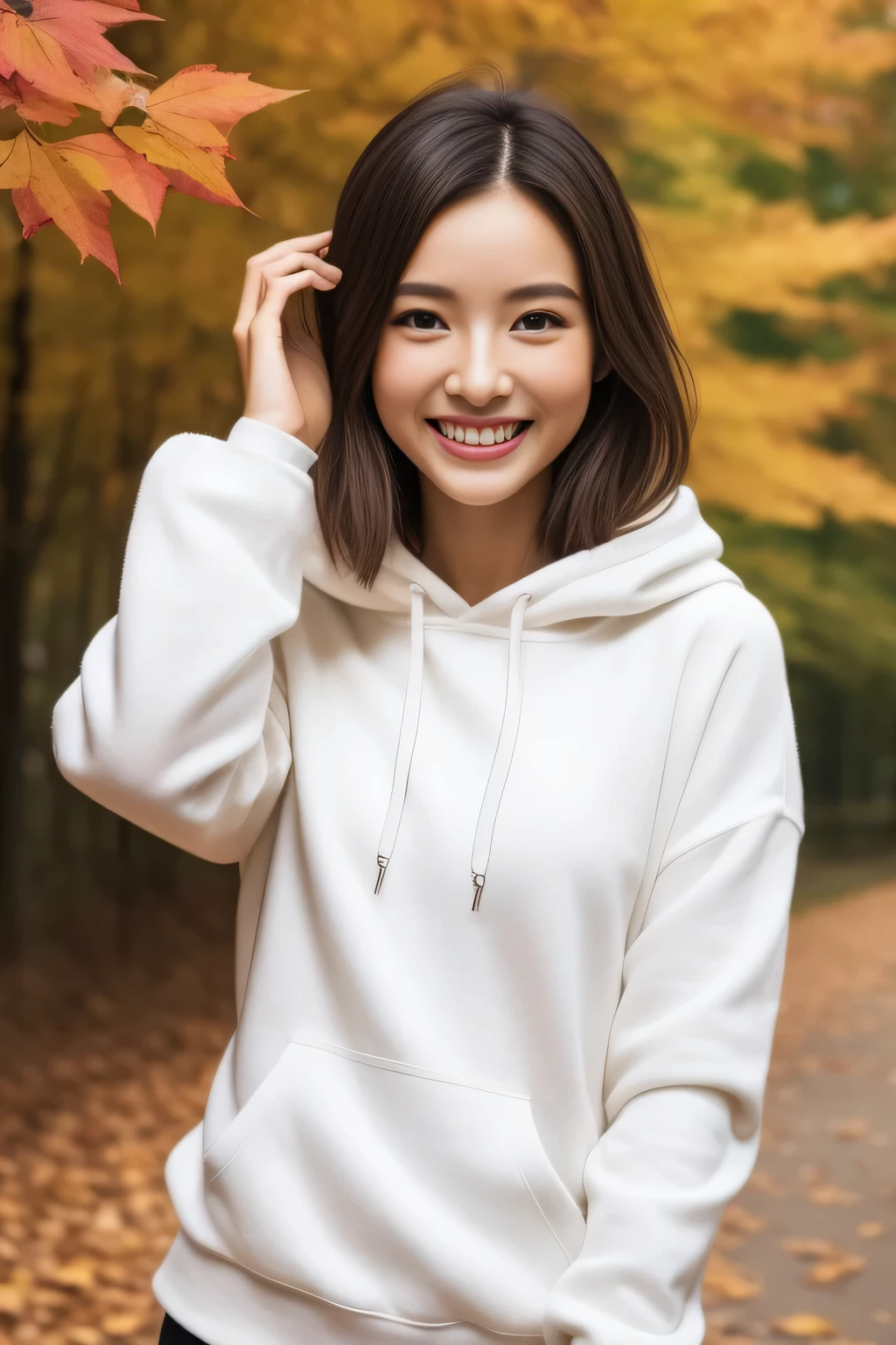 The face is a hostess、The clothes are white hoodies、high quality、surreal、healthy、smile、Perfect slender figure、beauty of japan、beautiful eyes、perfect face、beautiful skin、stumble、Autumn leaves in the background