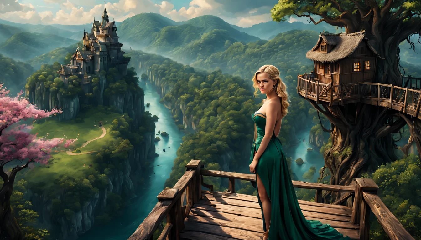 premiado, arte conceitual, belas artes, epic fantasy digital art, bird view,cinematic lighting, Vista descendente,plano super amplo,Viewing angle from afar,profundidade de campos,beautiful young lady (Reese Colher de cernelha ), (27 anos), ((((corpo inteiro)))), (((usando vestido longo preto Esmeralda)), The beauty of an idyllic country fairy tale,((cachoeira)),Pitoresca, Pitoresco, Rustic, ((Campo de arroz;1.7)), ((Peach blossom tree)), ((Pequenos rios:1.4)), ((The tree house is connected to the tree house by a wooden bridge)), epic,