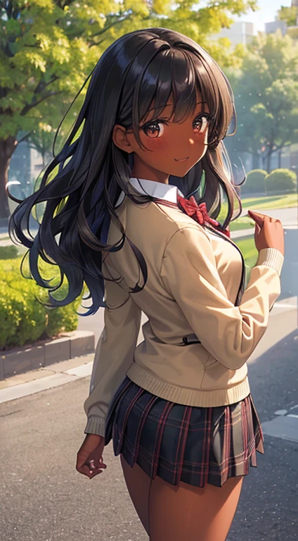 ((desktop, best quality, high quality, art, high resolution, nffsw, detailed, pixel perfect, perfect, detailed, absurd, ultra 8K HD, nffsw, nffsw))), 1 dark skinned woman, beautiful black girl, single, alone, beauty、full body seen、((medium wavy hair, bangs, bright olive skin, black hair, dark skin)), ((brown eyes, beautiful eyelashes, olive skin, realistic eyes)), ((detailed face , blush: 1.2)), ((soft texture: 0.75, realistic texture: 0.65, photorealistic: 1.1, CG anime style)), medium breasts, dynamic angle, beautiful and perfect body, (( red bow tie, school uniform, black jacket , open jacket, brown cardigan, white shirt, black skirt, plaid skirts)), in a park with trees and flowers、Looking at the viewer、Very embarrassing panic smile,wallpaper, I turned around、leaning forward、(The wind blew my skirt and exposed my butt. ........ . .. .. ... ..、Touch the buttocks with both hands、White panties) 、