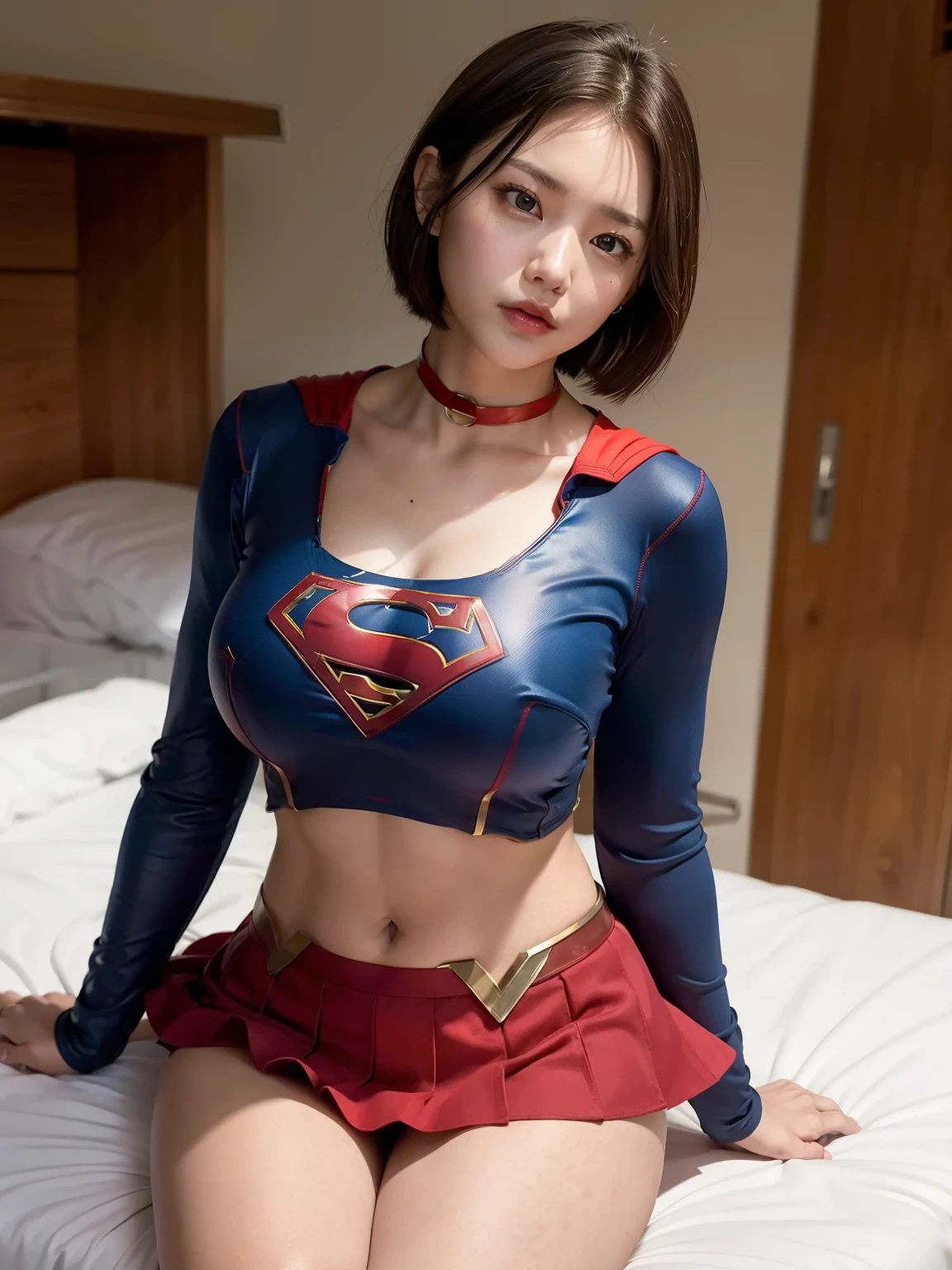 masterpiece、Supergirl costumes、short hair、barefoot、big and full breasts、Research room、operating table、straddle、Tattered、shiny、look at the camera、Seduce、choker、long sleeve、red mini skirt、Cowgirl