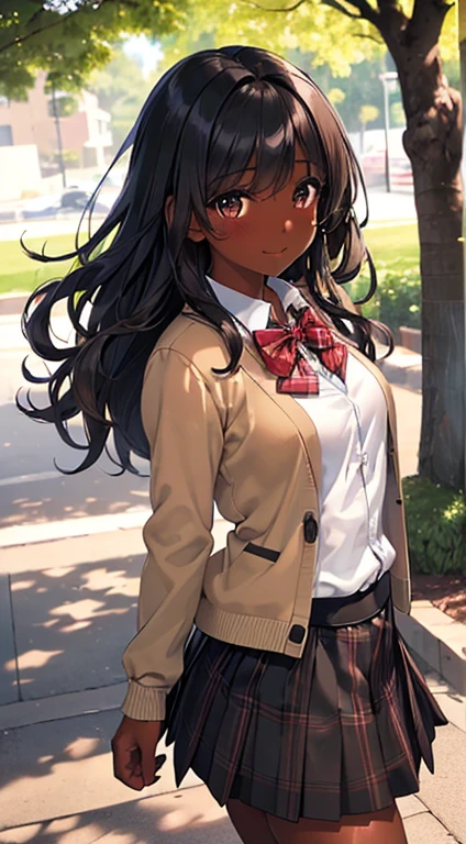 ((desktop, best quality, high quality, art, high resolution, nffsw, detailed, pixel perfect, perfect, detailed, absurd, ultra 8K HD, nffsw, nffsw))), 1 dark skinned woman, beautiful black girl, single, alone, beauty、full body seen、((medium wavy hair, bangs, bright olive skin, black hair, dark skin)), ((brown eyes, beautiful eyelashes, olive skin, realistic eyes)), ((detailed face , blush: 1.2)), ((soft texture: 0.75, realistic texture: 0.65, photorealistic: 1.1, CG anime style)), medium breasts, dynamic angle, beautiful and perfect body, (( red bow tie, school uniform, black jacket , open jacket, brown cardigan, white shirt, black skirt, plaid skirts)), in a park with trees and flowers、Looking at the viewer、Very embarrassing panic smile,wallpaper, I turned around、leaning forward、(The wind blew my skirt and exposed my butt. ........ . .. .. ... ..、Touch the buttocks with both hands、White panties) 、