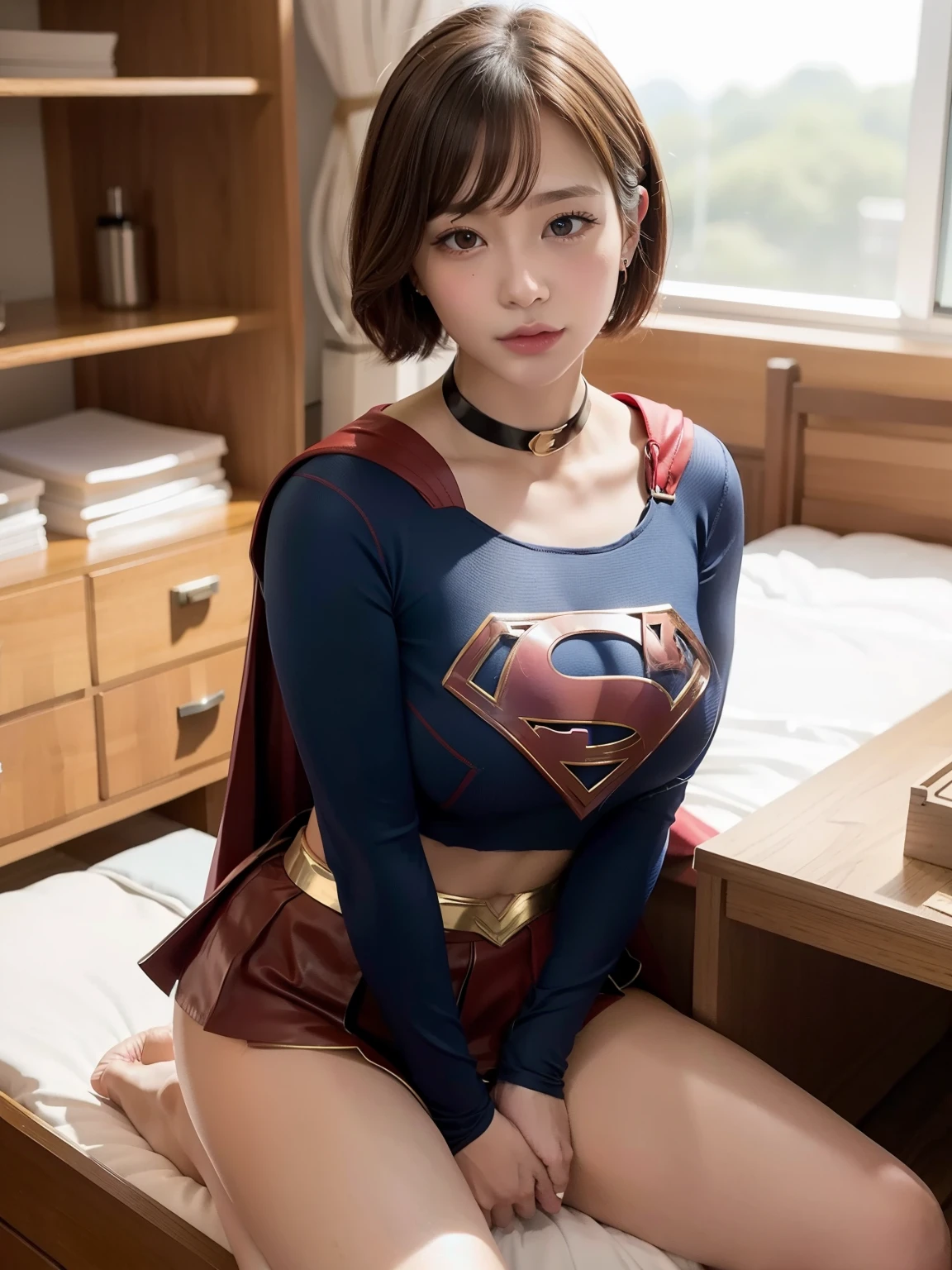 masterpiece、supergirl costume、short hair、barefoot、big and full breasts、Research room、operating table、straddle、Tattered、shiny、look at the camera、Seduce、choker、red mini skirt、long sleeve、Cowgirl