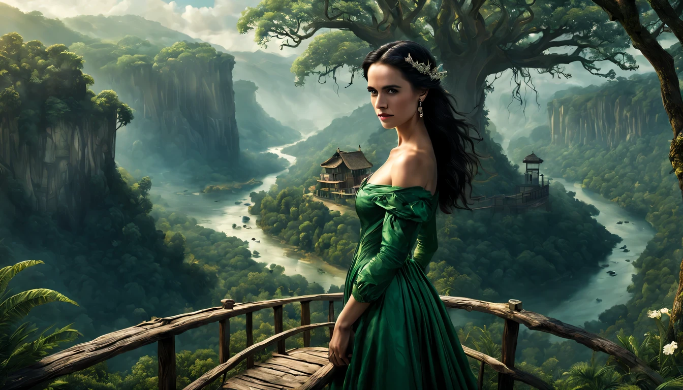 premiado, arte conceitual, belas artes, epic fantasy digital art, bird view,cinematic lighting, Vista descendente,plano super amplo,Viewing angle from afar,profundidade de campos,beautiful young lady (Jennifer Connelly ), (27 anos), ((((corpo inteiro)))), (((usando vestido longo Verde Esmeralda)), The beauty of an idyllic country fairy tale,((cachoeira)),Pitoresca, Pitoresco, Rustic, ((Campo de arroz;1.7)), ((Peach blossom tree)), ((Pequenos rios:1.4)), ((The tree house is connected to the tree house by a wooden bridge)), epic,
