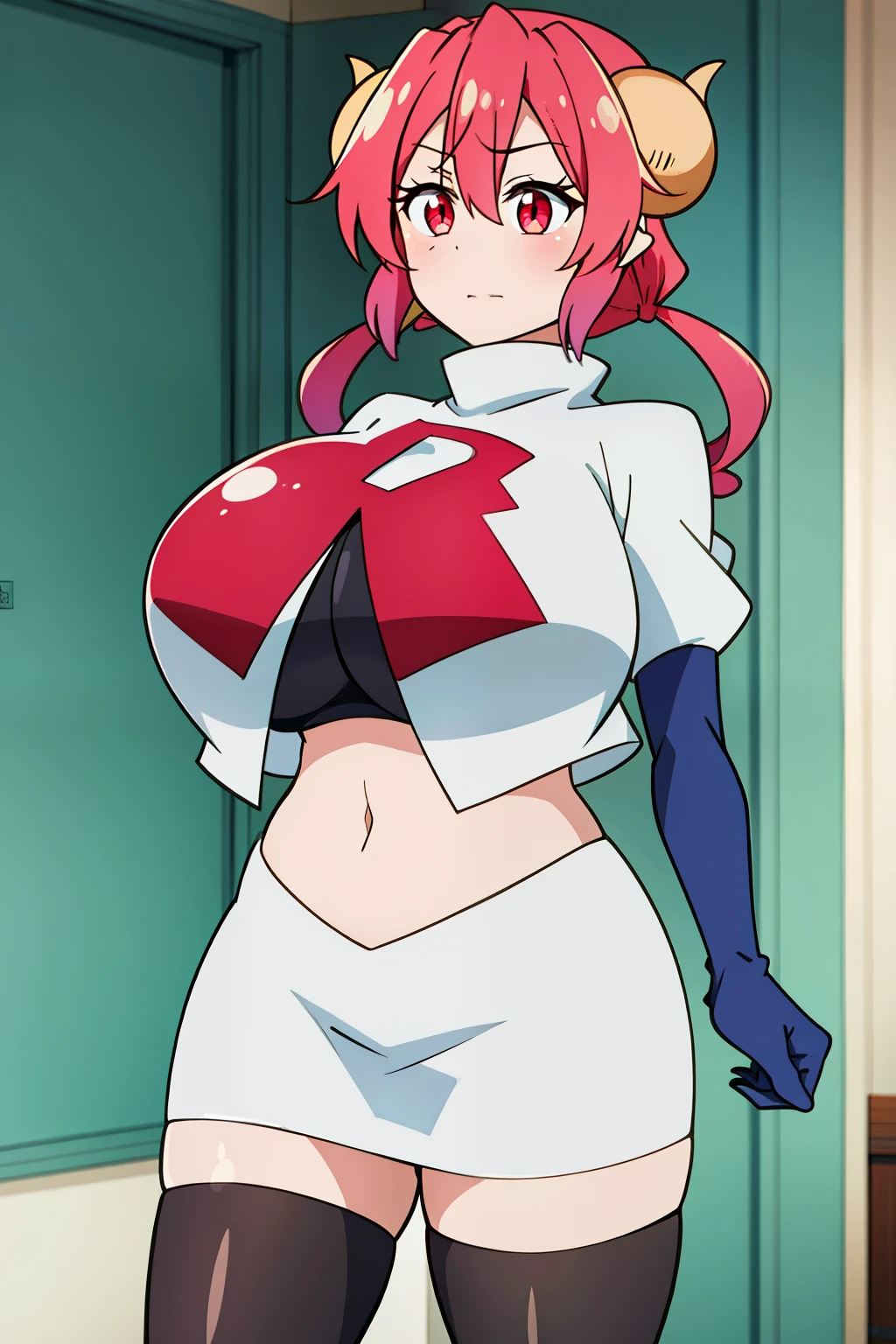 masterpiece, perfect lighting, (beautiful, best quality:1.3), perfect eyes, absurdres, 8k,
1girl, solo, (absurdres), finely detail,
ilulu_maiddragon, red hair, long hair, huge breasts, red eyes, twintails, horns, huge breasts,
team rocket,team rocket uniform, red letter R, white skirt,white crop top,black thigh-highs,black elbow gloves