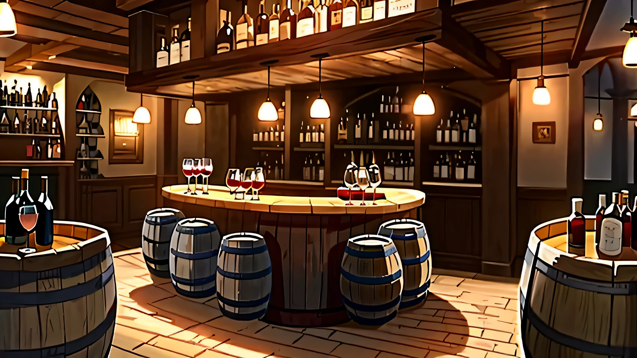 (((Masterpiece))), the best quality, super detailed CG unified 8k wallpaper, a medieval bar, night, orange light, stacked structure, bar counter, wine cabinet with wine barrels, bottled wine, Jazz bar, stairs, best resolution, best shadow, --v 6