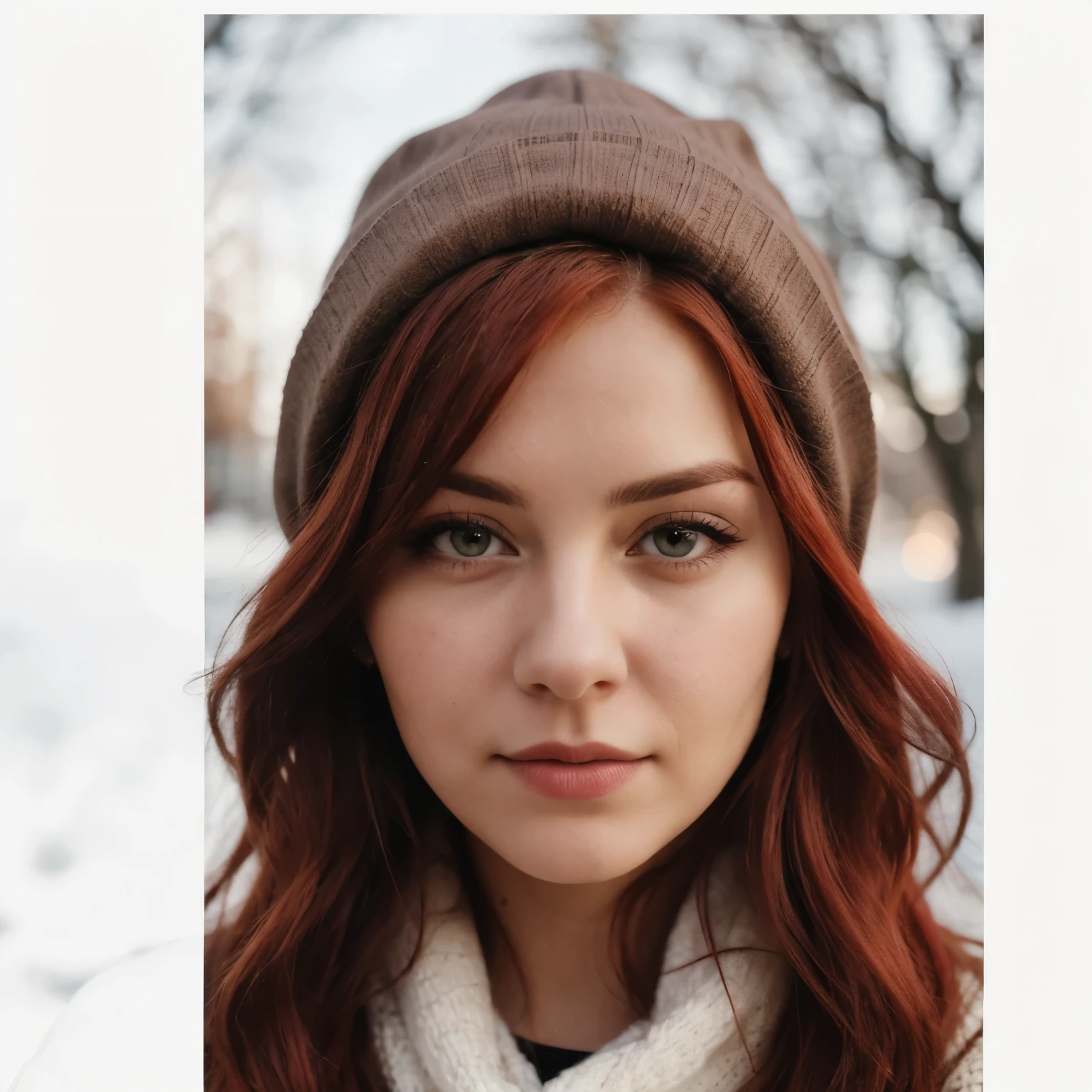 arafed woman with red hair and a beanie looks at the camera, red haired mature woman, 26 yo, color photograph portrait 4k, red hair girl, high quality portrait, red hair and attractive features, perfectly centered portrait