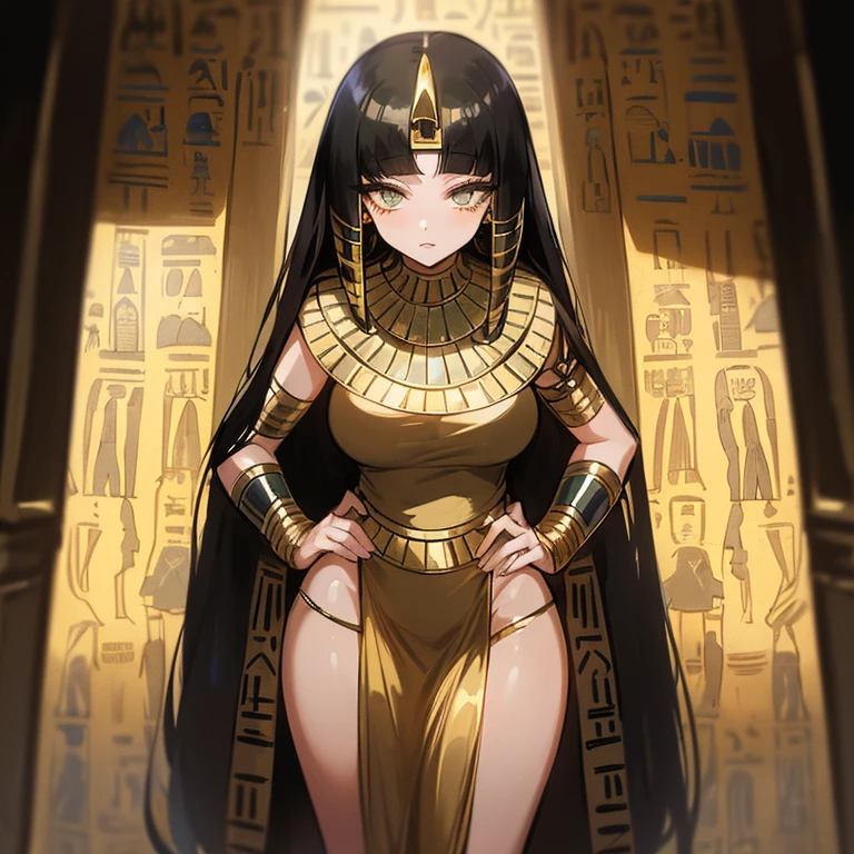(((Alone))),(((Mature Woman))),(Body with medium curves),(((Amber eyes))),(((Long black hair with bangs))),(((Wearing Egyptian clothes))),((( wearing gold accessories)))