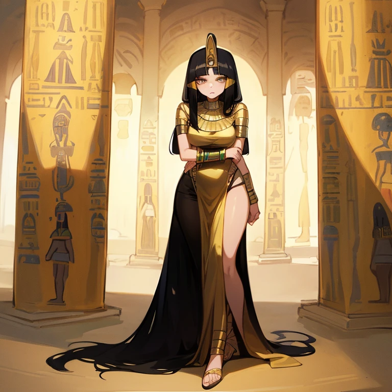 (((Alone))),(((Mature Woman))),(Body with medium curves),(((Amber eyes))),(((Long black hair with bangs))),(((Wearing Egyptian clothes))),((( wearing gold accessories)))