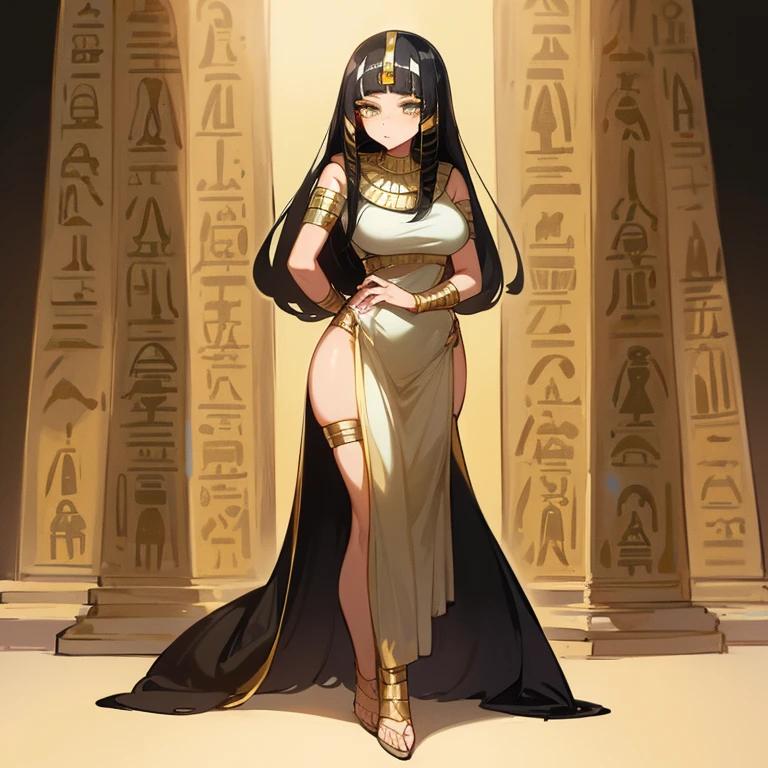 (((Alone))),(((Mature Woman))),(Body with medium curves),(((Amber eyes))),(((Long black hair with bangs))),(((Wearing Egyptian clothes))),((( wearing gold accessories)))