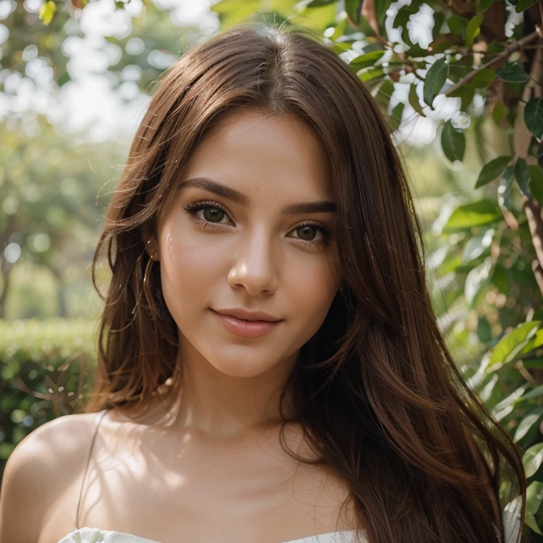 A stunning masterpiece of a high-resolution portrait of a beautifully detailed girl with long, cabelos vermelhos brilhantes e olhos verdes hipnotizantes, vestindo um svestido transparente e aconchegante e exibindo um sorriso lindo que acentua seus seios pequenos, mas perfeitamente formados.
