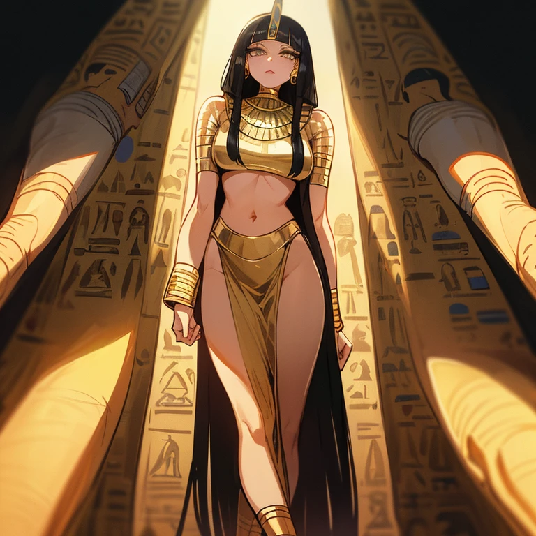 (((Alone))),(((Mature Woman))),(Body with medium curves),(((Amber eyes))),(((Long black hair with bangs))),(((Wearing Egyptian clothes))),((( wearing gold accessories)))