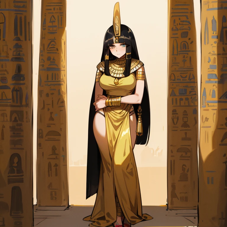 (((Alone))),(((Mature Woman))),(Body with medium curves),(((Amber eyes))),(((Long black hair with bangs))),(((Wearing Egyptian clothes))),((( wearing gold accessories)))
