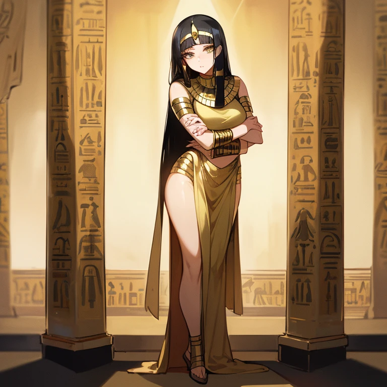 (((Alone))),(((Mature Woman))),(Body with medium curves),(((Amber eyes))),(((Long black hair with bangs))),(((Wearing Egyptian clothes))),((( wearing gold accessories)))