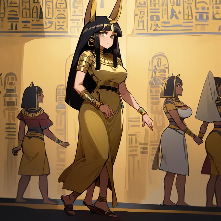 (((Alone))),(((Mature Woman))),(Body with medium curves),(((Amber eyes))),(((Long black hair with bangs))),(((Wearing Egyptian clothes))),((( wearing gold accessories)))