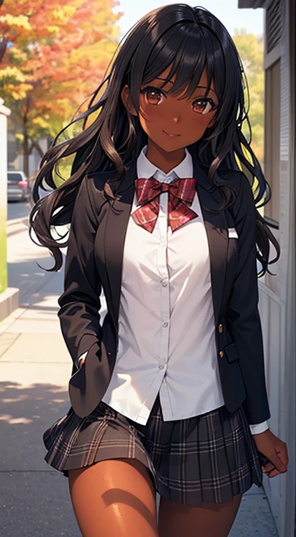 ((desktop, best quality, high quality, art, high resolution, nffsw, detailed, pixel perfect, perfect, detailed, absurd, ultra 8K HD, nffsw, nffsw))), 1 dark skinned woman, beautiful black girl, single, alone, beauty、full body seen、((medium wavy hair, bangs, bright olive skin, black hair, dark skin)), ((brown eyes, beautiful eyelashes, olive skin, realistic eyes)), ((detailed face , blush: 1.2)), ((soft texture: 0.75, realistic texture: 0.65, photorealistic: 1.1, CG anime style)), medium breasts, dynamic angle, beautiful and perfect body, (( red bow tie, school uniform, black jacket , open jacket, brown cardigan, white shirt, black skirt, plaid skirts)), in a park with trees and flowers、Looking at the viewer、Very embarrassing panic smile,wallpaper, I turned around、leaning forward、(The wind blew my skirt and exposed my butt. ........ . .. .. ... ..、Touch the buttocks with both hands、White panties) 、