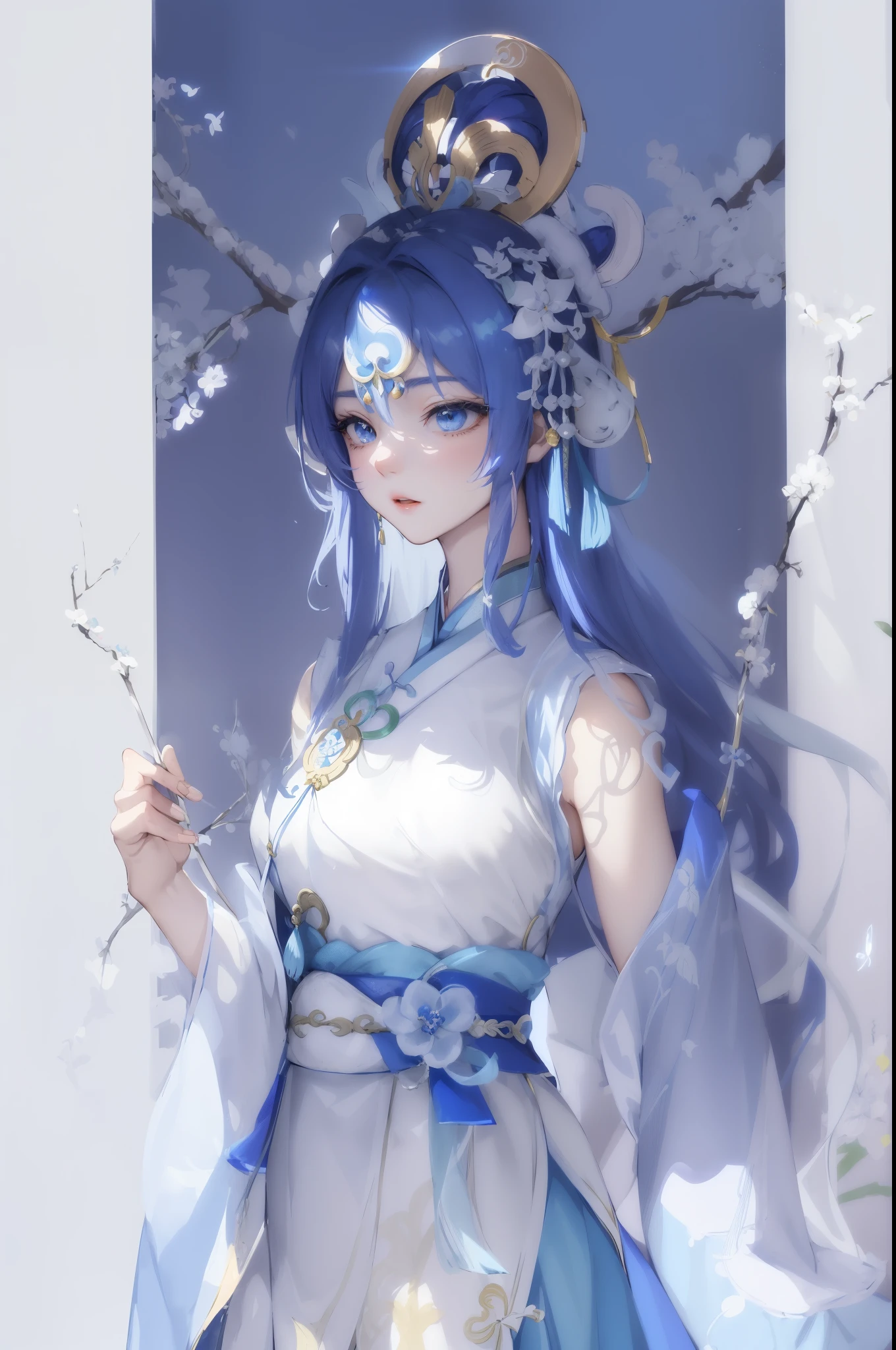 Anime girl in blue and white skirt, ((beautiful fantasy queen)), beautiful fantasy queen, full body xianxia, palace ， A girl wearing Hanfu, Inspired by Qiu Ying, xianxia fantasy, Hungry Ghost Festival, white hanfu, Inspired by Ma Yuanyu, Inspired by Zhao Yuan