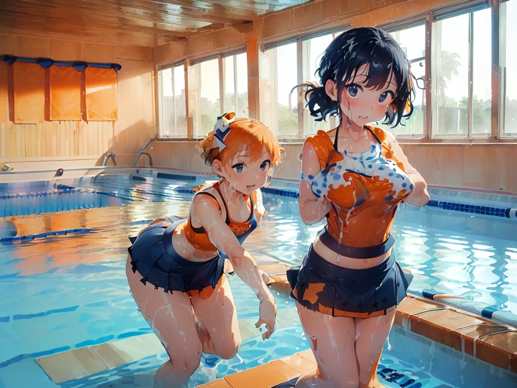 masterpiece,highest quality,real,((((all fours pose)))),swimsuit((((Super soaked,(navy blue mini skirt,(Orange camisole)))))),((((((Slimy lotion indoor pool)))))),((((((ぬるぬるローションでSuper soaked)))))),