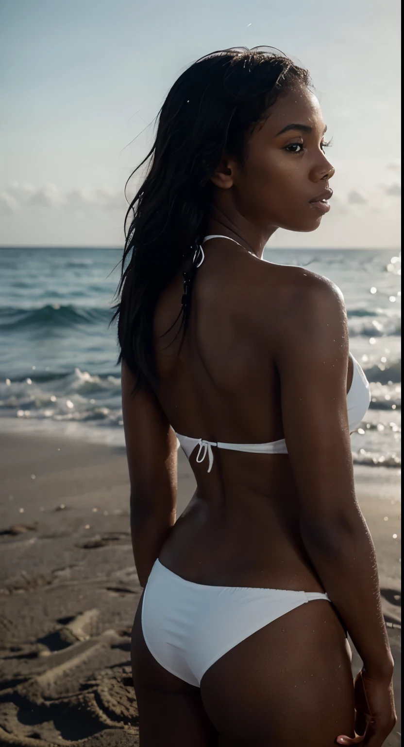 A young black woman in the ocean. On the beach, wearing a white bikini. There are white sands in places, realistic, 8K, cinematic, high quality, high detail, beautiful girl, turned back