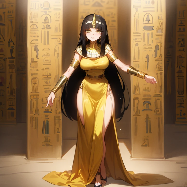 (((Alone))),(((Mature Woman))),(Body with medium curves),(((Amber eyes))),(((Long black hair with bangs))),(((Wearing Egyptian clothes))),((( wearing gold accessories)))