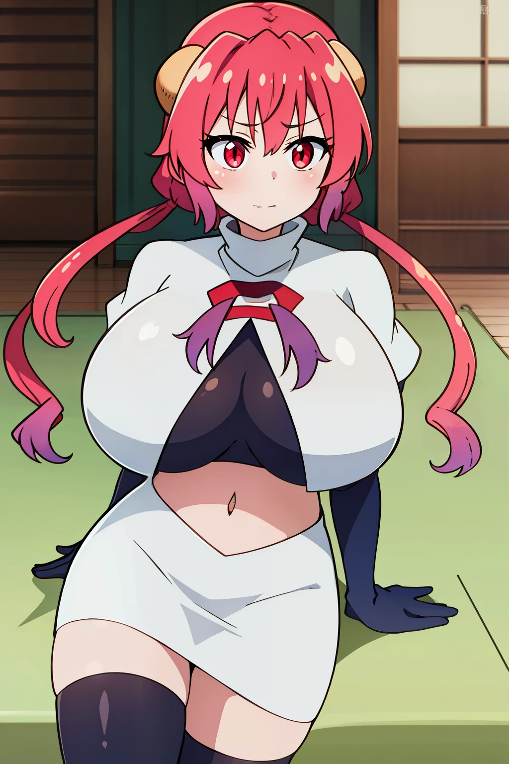 masterpiece, perfect lighting, (beautiful, best quality:1.3), perfect eyes, absurdres, 8k,
1girl, solo, (absurdres), finely detail,
ilulu_maiddragon, red hair, long hair, huge breasts, red eyes, twintails, horns, huge breasts,
team rocket,team rocket uniform, red letter R, white skirt,white crop top,black thigh-highs,black elbow gloves