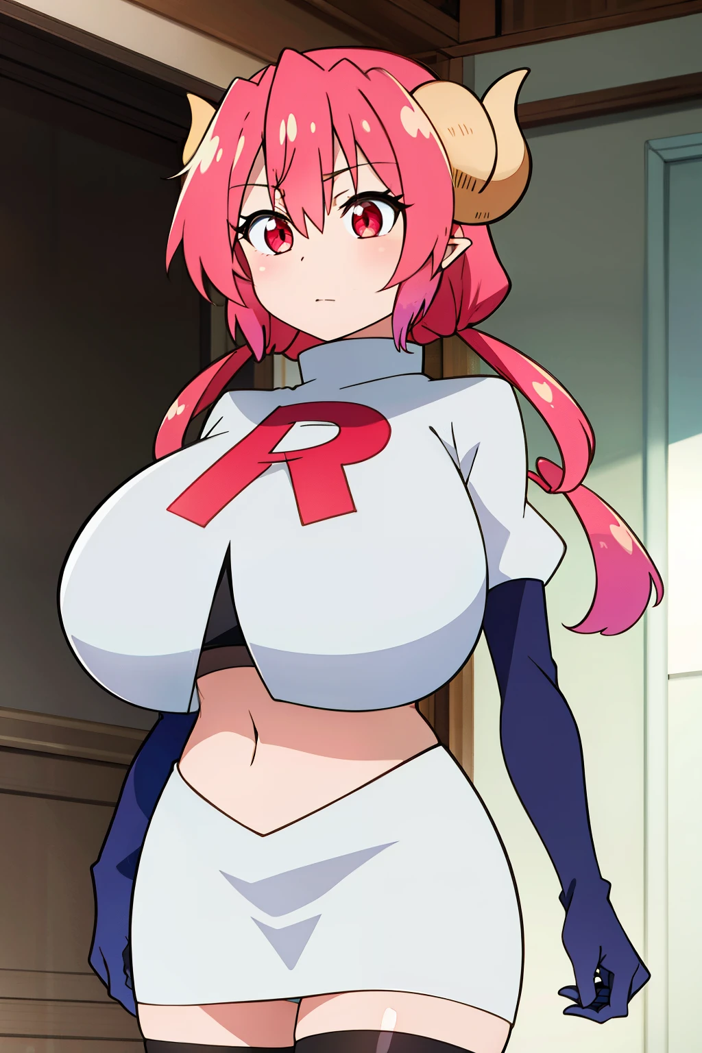 masterpiece, perfect lighting, (beautiful, best quality:1.3), perfect eyes, absurdres, 8k,
1girl, solo, (absurdres), finely detail,
ilulu_maiddragon, red hair, long hair, huge breasts, red eyes, twintails, horns, huge breasts,
team rocket,team rocket uniform, red letter R, white skirt,white crop top,black thigh-highs,black elbow gloves