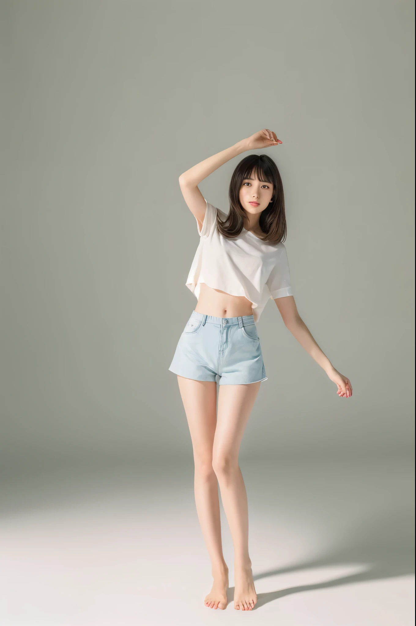 ((best image quality, 8K, T Masterpiece:1.3))、1 girl、japanese woman、shorts、beautiful feet、white skin、white background