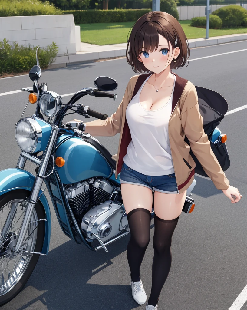 (((masterpiece))), ShizukaMikazuki, 1girl, solo, looking at viewer, short hair, brown hair, long sleeves, cleavage, medium breasts, closed mouth, collarbone, jacket, open clothes, open jacket, blue jacket, ground vehicle, sports bra, bicycle,