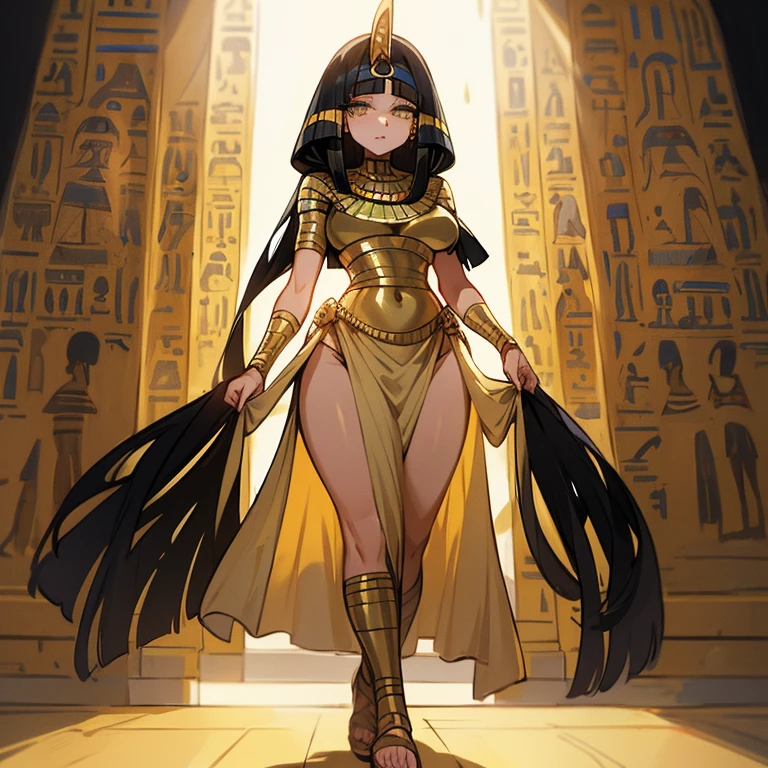 (((Alone))),(((Mature Woman))),(Body with medium curves),(((Amber eyes))),(((Long black hair with bangs))),(((Wearing Egyptian clothes))),((( wearing gold accessories)))