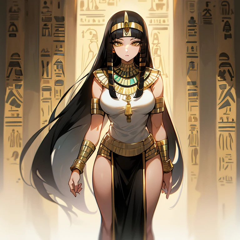 (((Alone))),(((Mature Woman))),(Body with medium curves),(((Amber eyes))),(((Long black hair with bangs))),(((Wearing Egyptian clothes))),((( wearing gold accessories)))