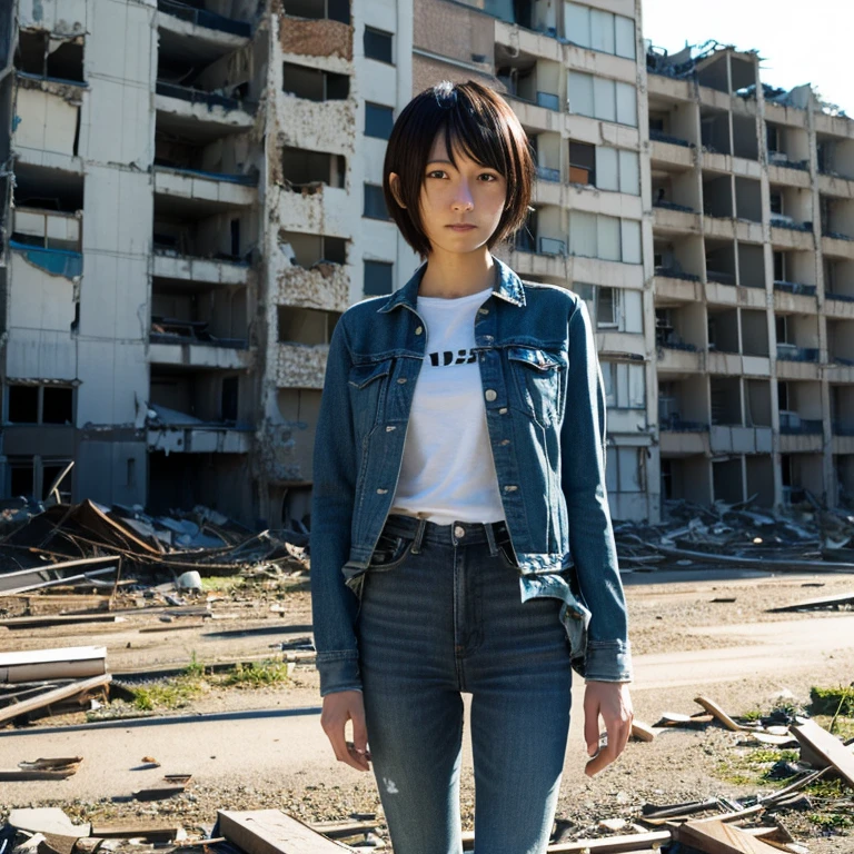 A Japanese Lady, look at viewr, ((very Short hair)), (((skinny:1.3)), 27-years old . day, Outdoors, Post-apocalypse, Ruins,